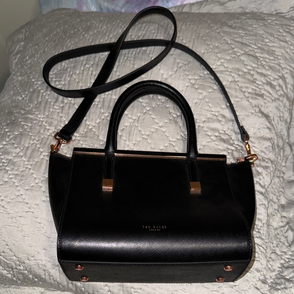 Ted Baker London Black and Rose Gold Satchel purse handbag EC